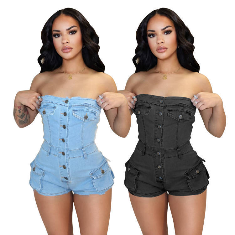 Denim Tube Top Jumpsuit – Stretch Jeans-Overall für Damen